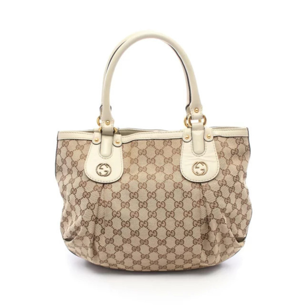 Gucci GG Canvas Tote Bag Leather Beige Cream Brown Ivory White